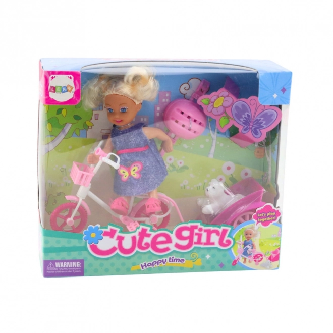 Set mini bambola con bici, rimorchio e cagnolino bianco