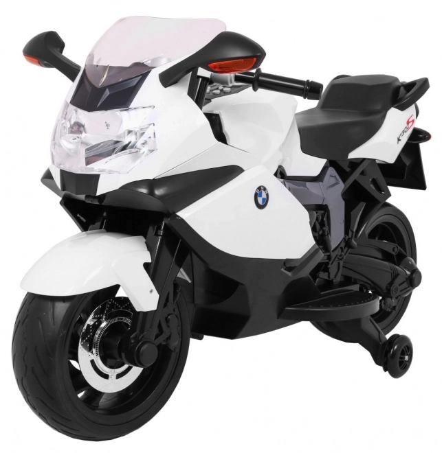 BMW K1300S Motocicletta per Bambini a batteria bianca + ruote ausiliarie + suoni Luci + partenza lenta