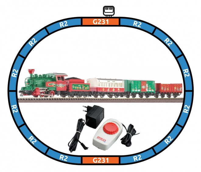 Set di partenza treno natalizio con locomotiva a vapore