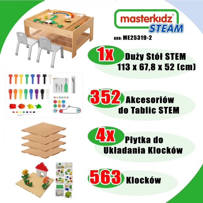 tavolo educativo in legno masterkidz con accessori stem e 563 blocchi