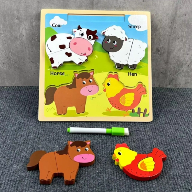 Puzzle educativo in legno Animali domestici con lavagna per disegnare