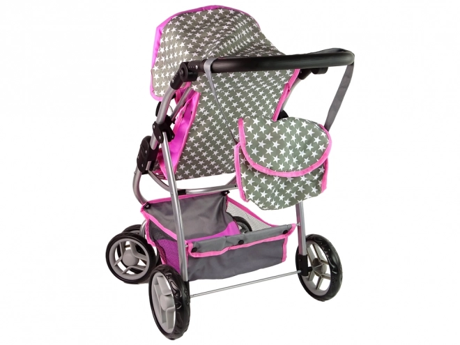 Passeggino per bambole 2 in 1 con borsa rosa stelle