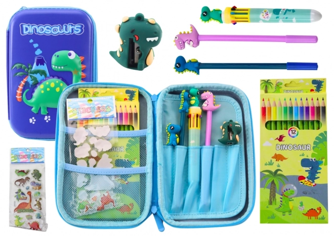 Astuccio scuola con accessori tema dinosauro blu