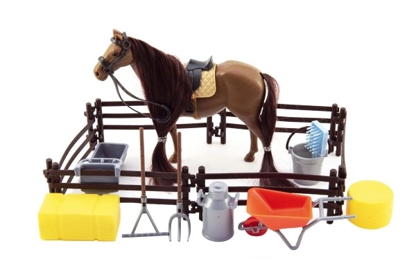 Cavallo da toelettatura marrone in plastica con accessori e recinto