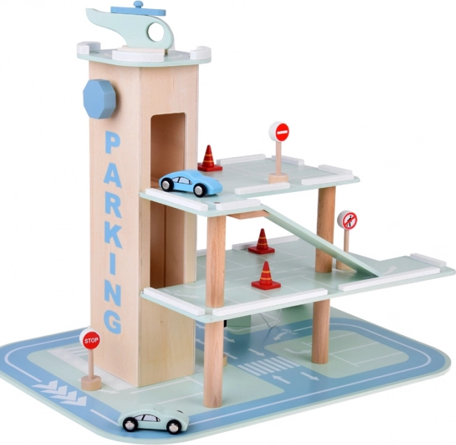 Garage per parcheggi a più livelli in legno con ascensore e automobili