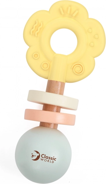 Sonagliere in legno pastello e dentaruolo 2 in 1 a forma di fiore