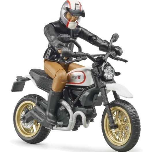 Bruder motocicletta Ducati Scrambler Cafe Racer con pilota