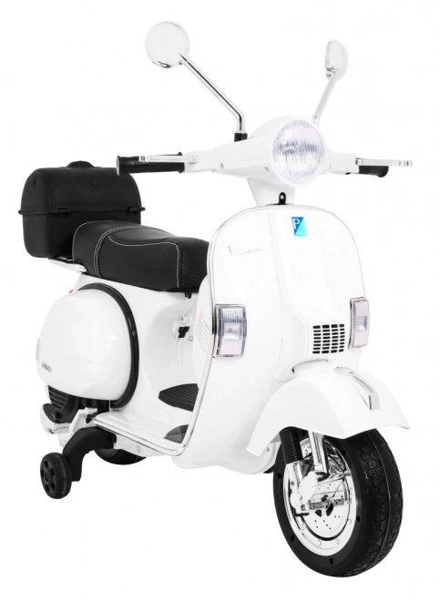 Scooter elettrico Vespa per bambini bianco con rotelle ausiliarie e audio