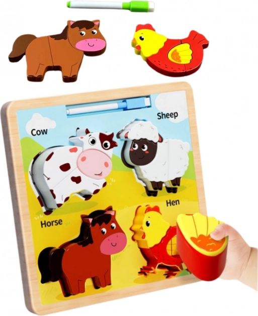 Puzzle educativo in legno Animali domestici con lavagna per disegnare