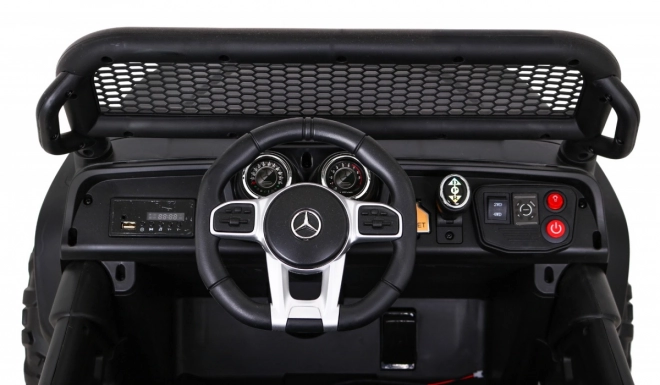 Mercedes Benz Unimog per bambini nero + trazione 4x4 + telecomando + vano bagagli + avvio lento + MP3 LED