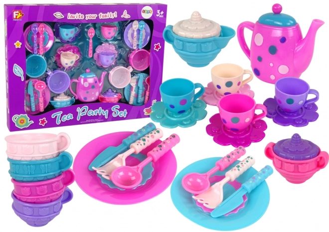 Set da tè per bambini con tazze, piatti e posate viola