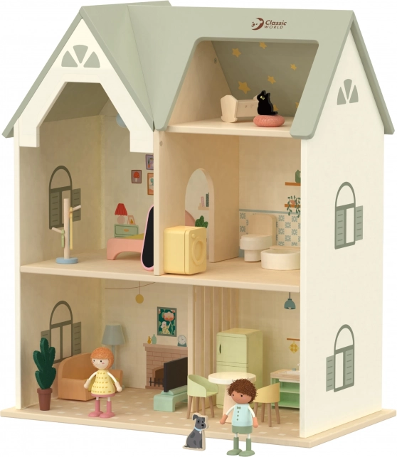 Grande casa delle bambole in legno con mobili