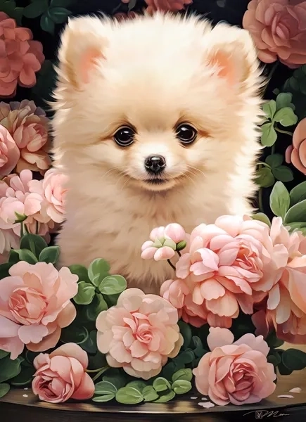 Puzzle cucciolo di Pomerania tra le rose 60 pezzi