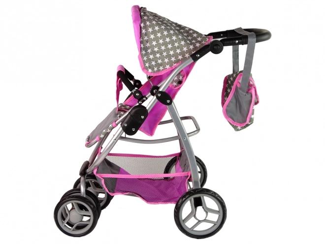 Passeggino per bambole 2 in 1 con borsa rosa stelle