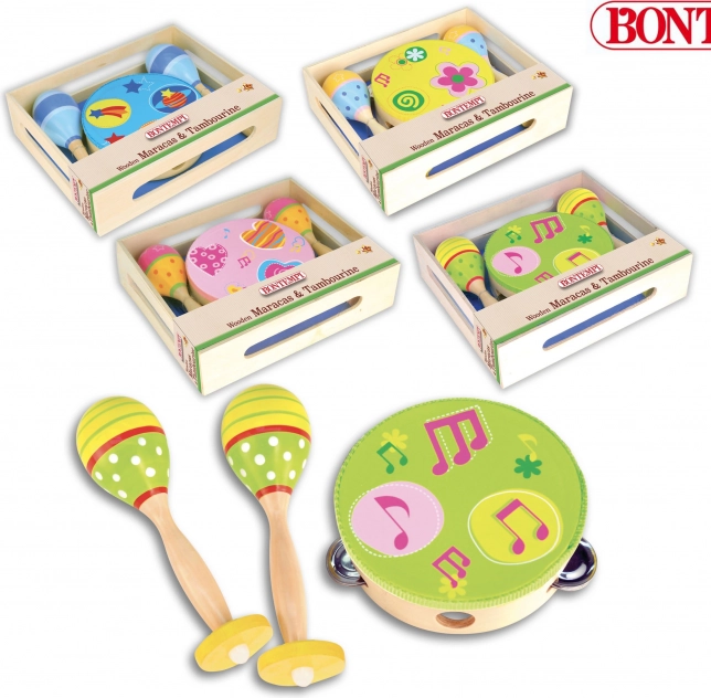 Set musicale di legno con maracas e tamburello