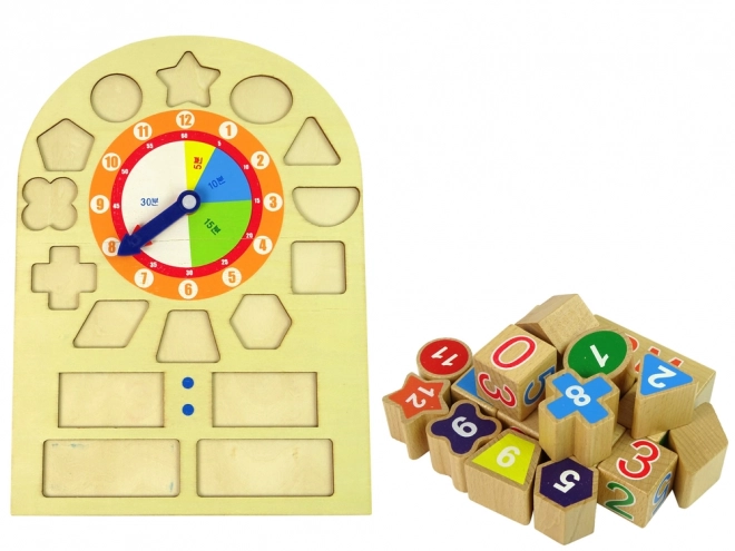 Orologio educativo in legno con forme colorate e numeri