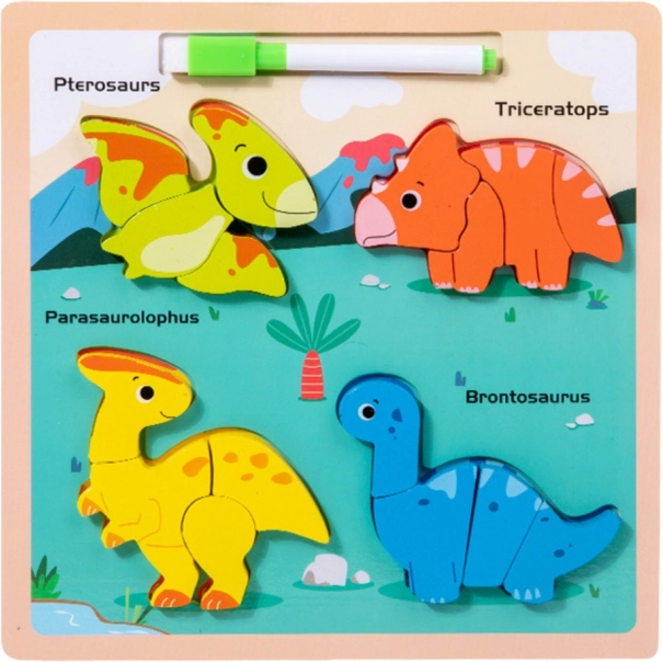 Puzzle educativo in legno con lavagna per disegnare Dinosauri