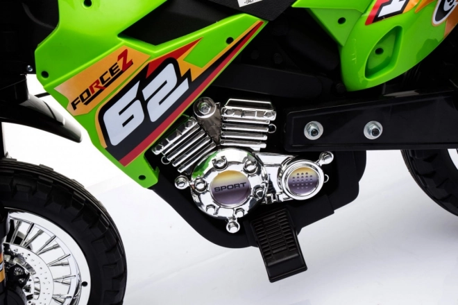 Moto elettrico per bambini verde con luci LED e ruote opzionali