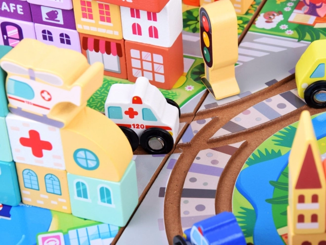 Treno in legno con set di blocchi città e valigetta per bambini