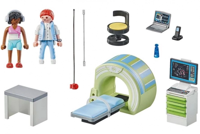 Zestaw figure radiologia con paziente e risonanza magnetica