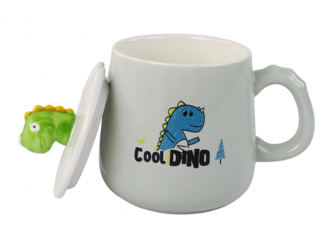 Tazza in ceramica con dinosauro blu con coperchio e cucchiaio