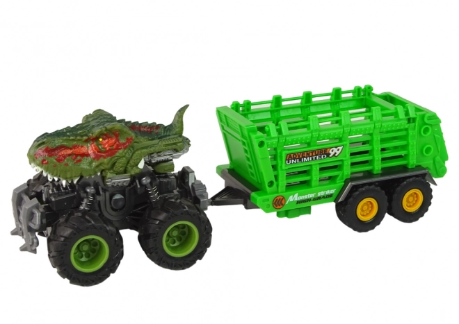 Autocarro dinosauro con rimorchio e 4 figurine di dinosauri