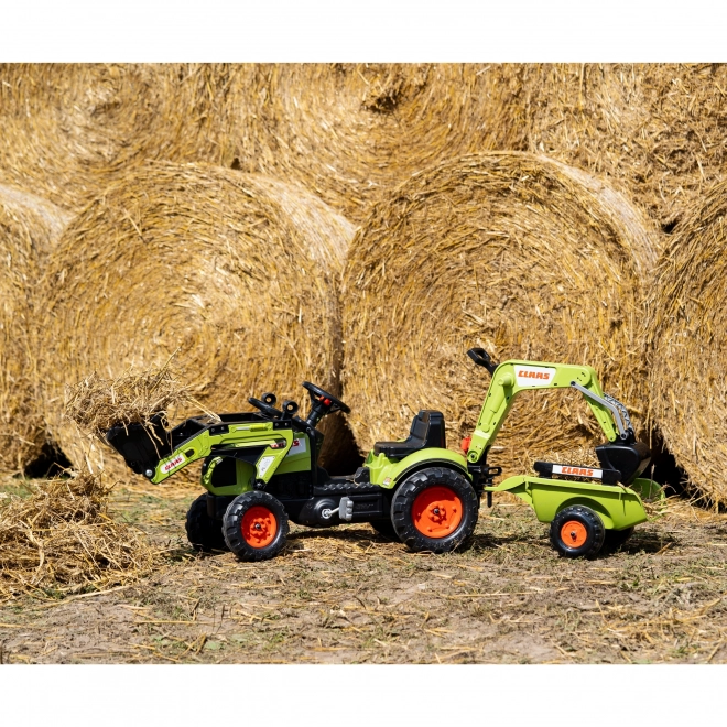Trattore a pedali Claas Arion con caricatore, escavatore e rimorchio