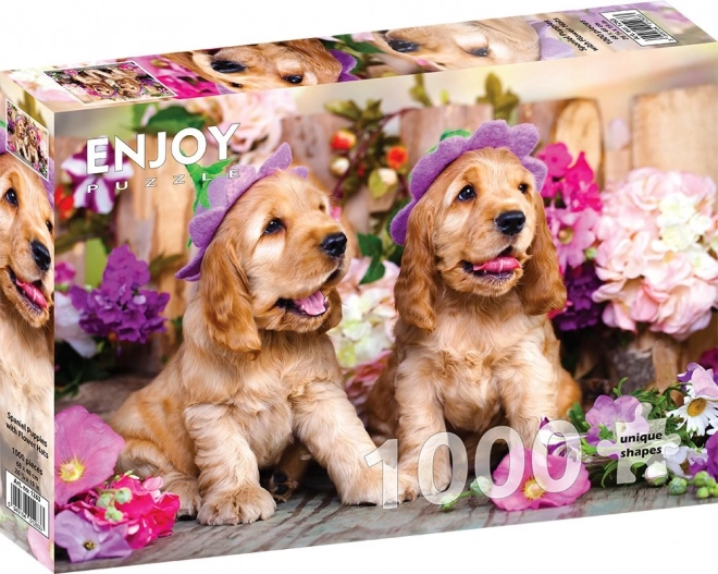 Puzzle Cocker Spaniel Cuccioli con Cappelli di Fiori 1000 Pezzi