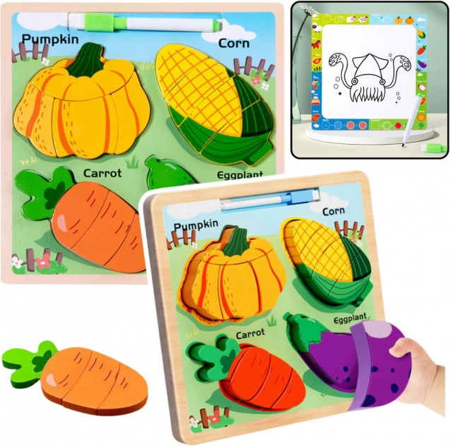 Puzzle educativo in legno con verdure e lavagna