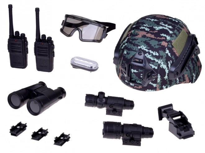 Set militare per bambini con casco, binocolo e walkie-talkie