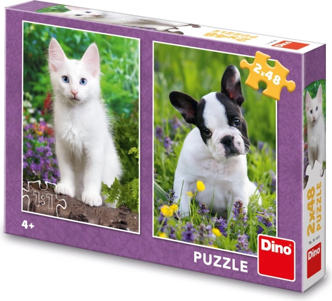 Puzzle DINO cucciolo di bulldog e gattino 2x48 pezzi