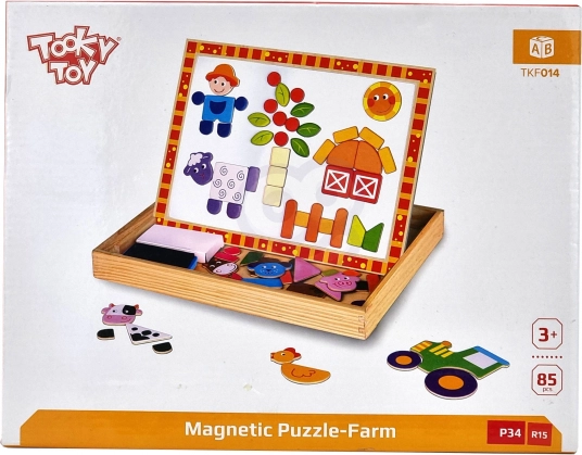 Lavagna doppia in legno Tooky Toy con puzzle magnetici della fattoria