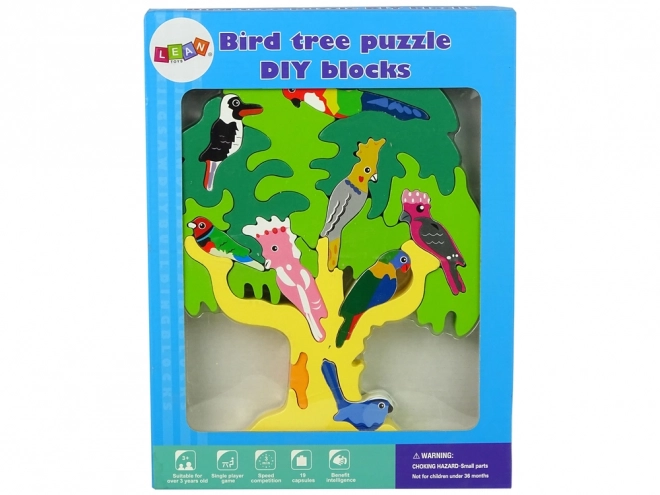 Puzzle ad albero in legno con pappagalli