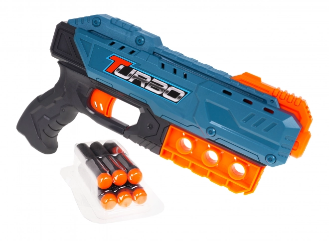 Pistola Turbo per bambini 8+ blu con 6 proiettili sicuri e meccanismo manuale