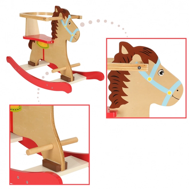 Cavallo a dondolo in legno con schienale per bambini