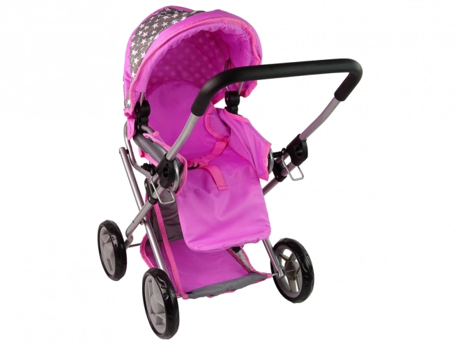 Passeggino per bambole 2 in 1 con borsa grigio e rosa stelle