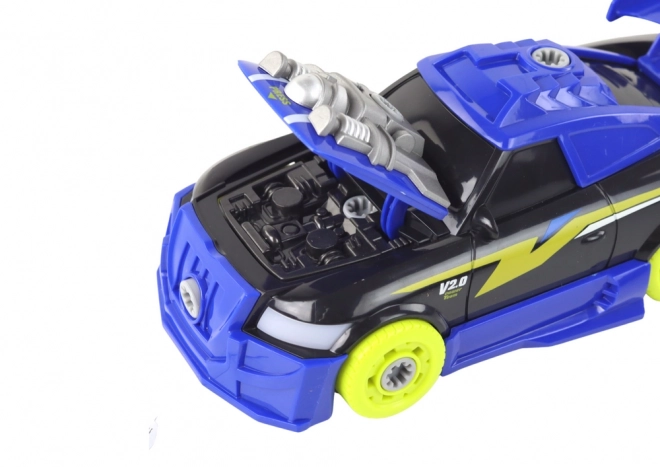 Auto sportivo blu DIY con suoni e luci con trapano