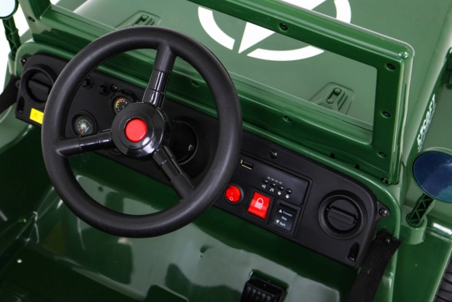 Auto militare retrò per bambini verde + trazione 4x4 + telecomando + 2 portabagagli + partenza lenta + MP3 LED