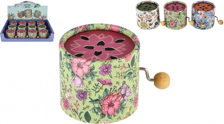 Scatola musicale a manovella – scatolina in metallo con motivo floreale, 9 cm