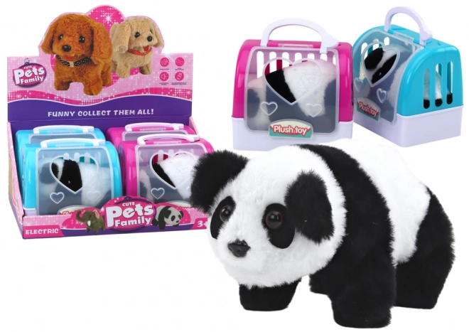 Panda interattiva di peluche nel trasportino rosa blu