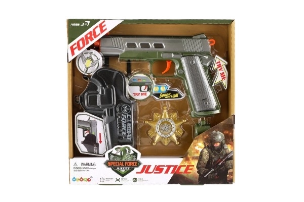Pistola con accessori plastica a batteria con suono e luce in scatola 25x25x4cm