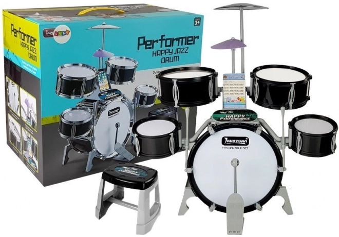 Set percussione per bambini con sgabello e piatti nero