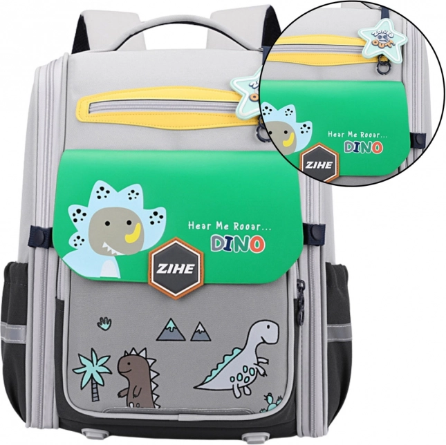 Zaino scolastico con motivo di dinosauri con fascia toracica verde-grigio 21L