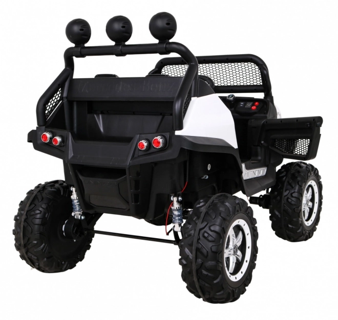 Mercedes Benz Unimog per bambini bianco + trazione 4x4 + telecomando + portabagagli + partenza lenta + MP3 LED