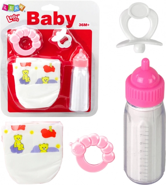 Set di accessori per bambole con biberon, ciuccio, pannolino e sonaglio