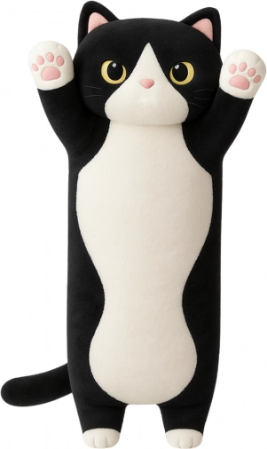 Gatto peluche allungato cuscino bianco-nero 70 cm