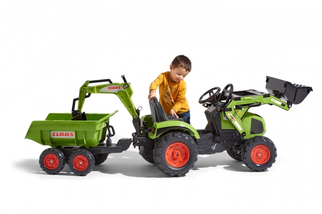 Trattore a pedali Claas Axos - con benna anteriore e posteriore + rimorchio