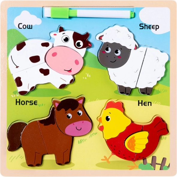 Puzzle educativo in legno Animali domestici con lavagna per disegnare