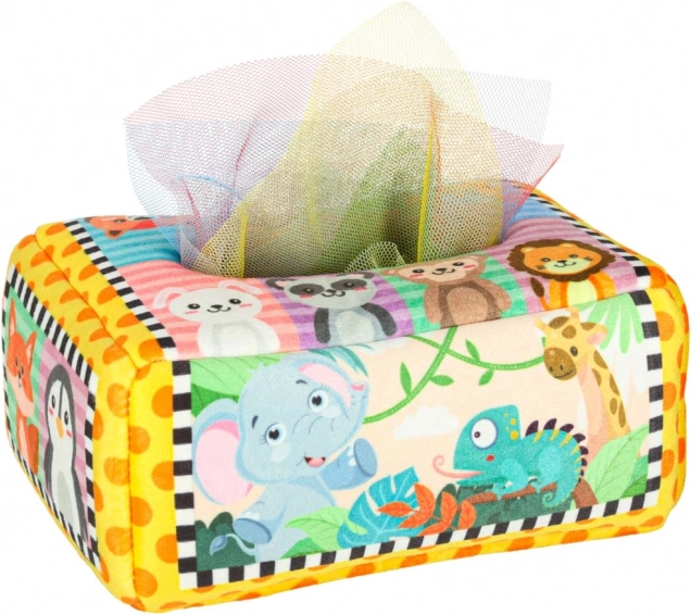 Box sensoriale Montessori con fazzoletti colorati e animaletti