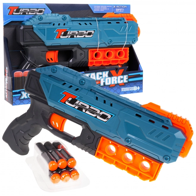 Pistola Turbo per bambini 8+ blu con 6 proiettili sicuri e meccanismo manuale